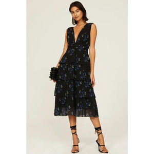 AMUR Fionna Tiered Ruffle Sleeveless Midi Dress Black Floral Women's Size 2